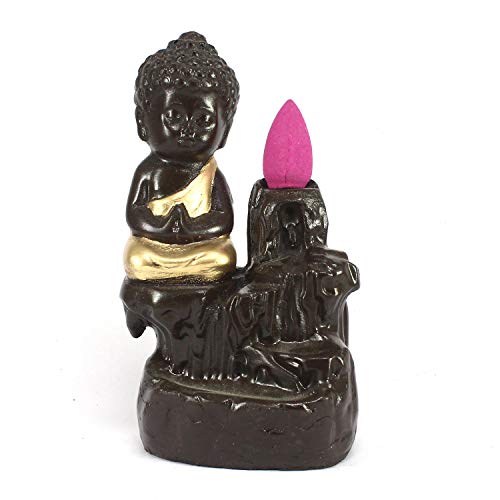 eCraftIndia Black Golden Meditating Monk Buddha Statue Smoke Backflow Incense Holder with Incense Cones Showpiece for Home Decor Living Room Office Gift for Diwali Housewarming Buddha Purnima Birthday