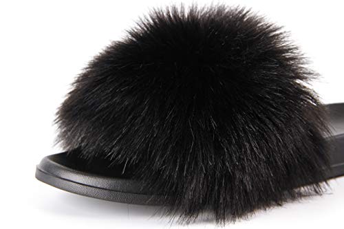 Image of Hangrui Women's Faux Fur Slides, Open Toe Cute Fluffy Slippers, Comfortable Furry Sandals
