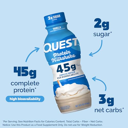 Quest Nutrition Vanilla Protein Shake, 45g Protein, 2g Sugar, 3g Net Carbs, Ready to Drink, Gluten Free, 12 Count