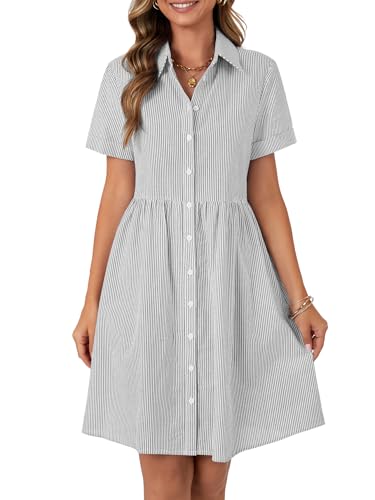 Image of Rooscier Women's Striped Shirt Dress Button Down Collared Short Sleeve Mini Dress