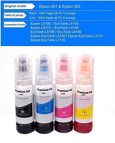 SVM 001 Ink for Epson L4150, L4160, L6160, L6170, L6190 Printer Ink Bottle, 001 Ink Code (001 SET ( BL,C,M,Y 100 ML))
