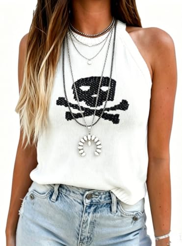 Image of MARZXIN Women Sleeveless Sweater Tank Round Neck Casual Aztec Geometric Knit Sweater Top