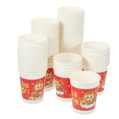 OFFSCH 100個年龍年新年紙コップ 軽量使い捨てパーティードリンクカップ 小持ちやすい 飲料用紙コップ コーヒー ミルク対応 装飾付きキャン
