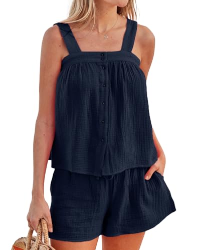 Image of Women's Button Down Cami Pajamas Set Summer Cotton 2 Piece Shorts Set Beach Vacataion Outfits With Pocket