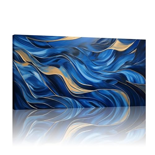 Image abstraite bleu or pour habiller un grand mur vide, toile encadrée de salon 80x160 cm