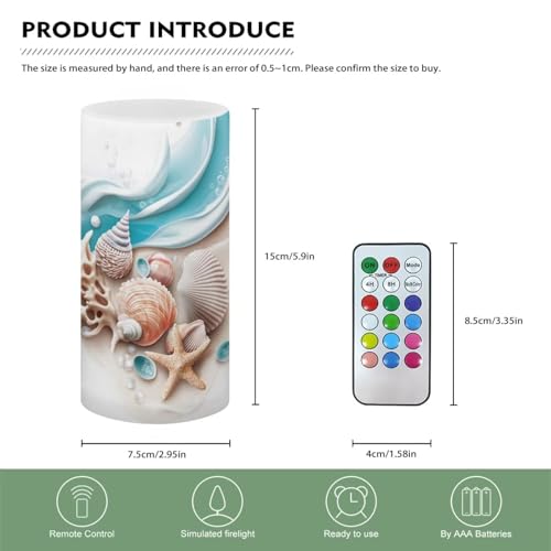 Image of Poceacles Seashell Conch Starfish Flickering Flameless LED Battery Candles Pillar Candles Tealight with 18-Key Timer Remote with Colorful Light Safe for Indoor Outdoor Home Wedding Decor