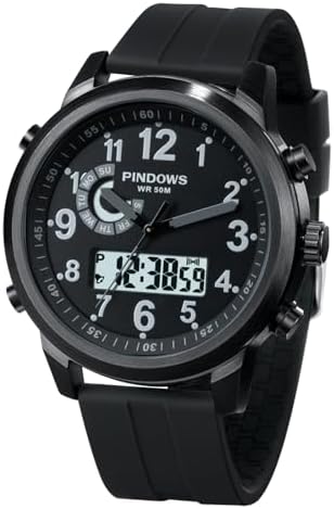 PINDOWS Herrenuhr Digital Analog, Multifunktion Sport Casual | Duales Display, helles Nachtlicht, Wecker, präzise Stoppuhr und spritzwassergeschütztes Design