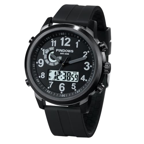PINDOWS Montre numérique analogique pour homme étanche à 50 m, Tactique Noir/Noir, Montre tendance classique