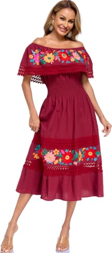 Image of YZXDORWJ Women Embroidered Mexican Peasant Casual Sexy Lace Off-Shoulder Long Dress