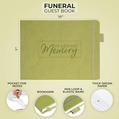 Image of Clever Fox Funeral Guest Book for Memorial Service w /Address, Olive | 10x7 in, 120 pages, Eco leather hardcover, Personalized celebration of life guestbook, Memory book & condolence register