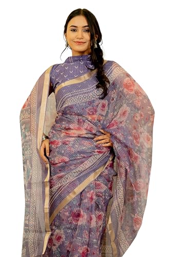 Image of MIRCHI FASHION Kota Doria Cotton Saree with Blouse Piece | Leaf Floral Printed Saree for Women | Traditional Ethnic Daily Wear Summer Saree