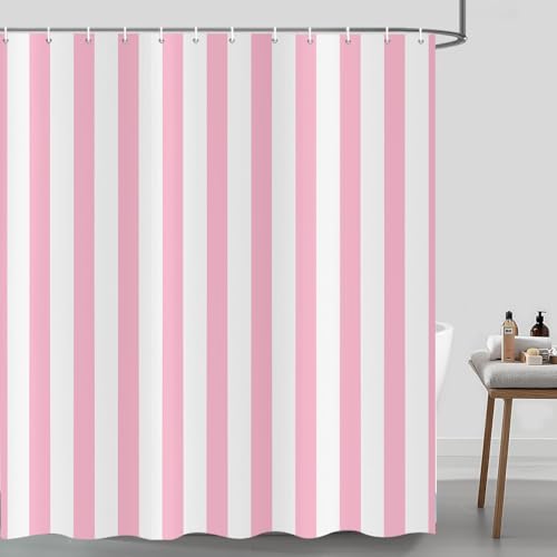 Rideau de douche rayures verticales rose et blanc style moderne minimaliste