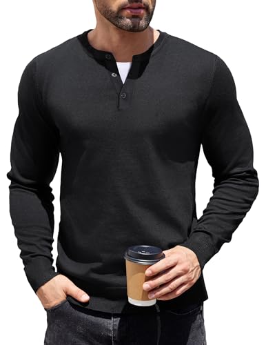 COOFANDY Mens Knit Henley T-Shirts Dress Long Sleeve Sweater Casual Collarless Quarter Button Pullover
