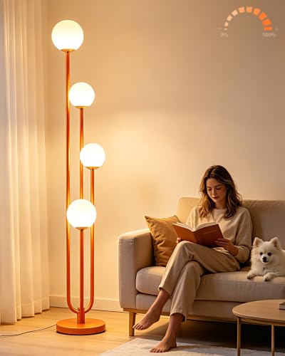 Image of Lightdot Orange Globe Floor Lamp 4-Lights Dimmable Floor Lamps with 3000K Bulbs Included Unique Mid Century Modern Tall Standing Lamp with 5Lbs Heavy Base for Living Room /Bedroom /Sofa Beside