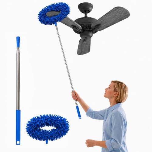 Image of Fan Cleaner Brush with Long Rod Telescopic Cleaning Mop Microfiber Dust Cleaner Foldable Duster for Home Cleaning Microfiber Duster for Cleaning of Home Kitchen Car Ceiling (Blue-Dense Chenille Fiber)