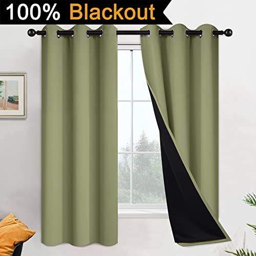 Image of Yakamok Sage Blackout Curtains 63 Inches Long for Bedroom 42 inch Wide 2 Panel | Blackout Curtain Panels for Bedroom, 2 Thick Layers Grommet Top Thermal Insulated Drapes with Black Liner for Living Room
