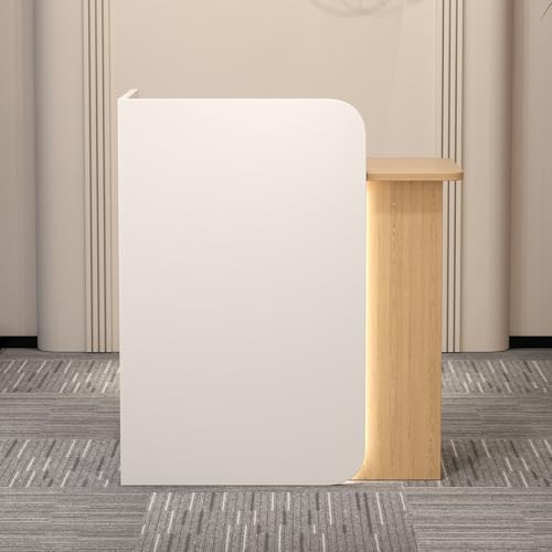 HOFMSX 小型受付デスク フロントカウンター チェックアウト 受付デスク 小売カウンター ロック可能な引き出し付き チェックアウトオフィス/美容院/ロビー用モダン(ホワイト+木目、31 * 1