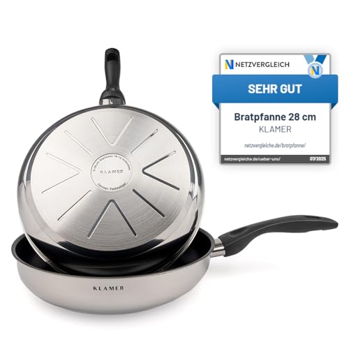 KLAMER Bratpfanne 28 cm, hochwertige Profi Edelstahlpfanne, Induktionspfanne mit...