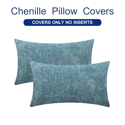 Image of CaliTime Pack of 2 Cozy Bolster Pillow Covers Cases for Couch Sofa Home Decoration Solid Dyed Soft Chenille 12 X 20 Inches Smoke Blue