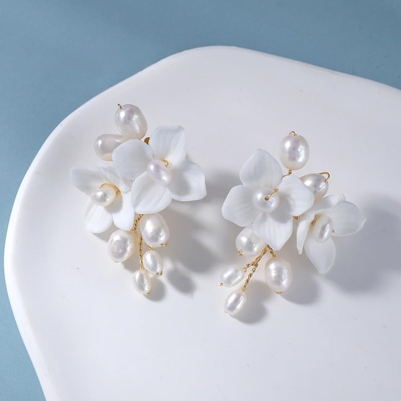 Handcraft White Ceramic Flower Pearl Stud Drop Earrings - Elegant Wedding and Prom Accessories - Post Earrings Jewelry for Brides and Women - Perfect for Special Occasions3