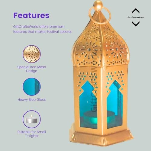 Image of Moroccan Lanterns & Candle Holders for Home Decor - Unique Diwali & Christmas Gifts (Blue, Set of 2)