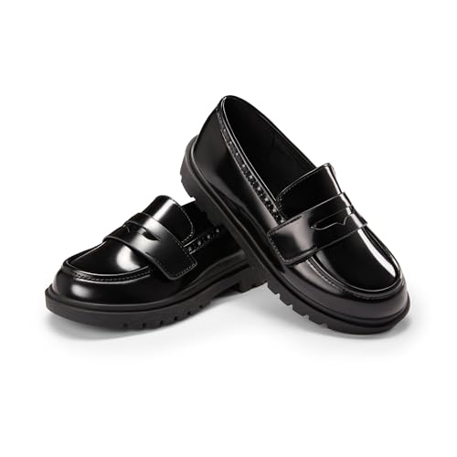 PATPAT Little Kid Boys Girls Loafers Size 1, Black Dress Shoes Penny Loafers Faux Leather Shoes Round Toe Chunky Platform Slip-Ons Kids Footwear