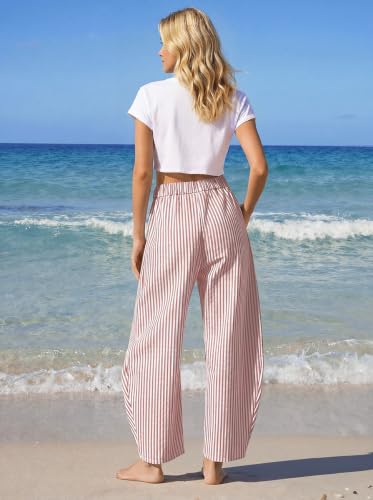 Image of TARSE Womens Striped Linen Barrel Pants with Pockets Y2k Patchwork