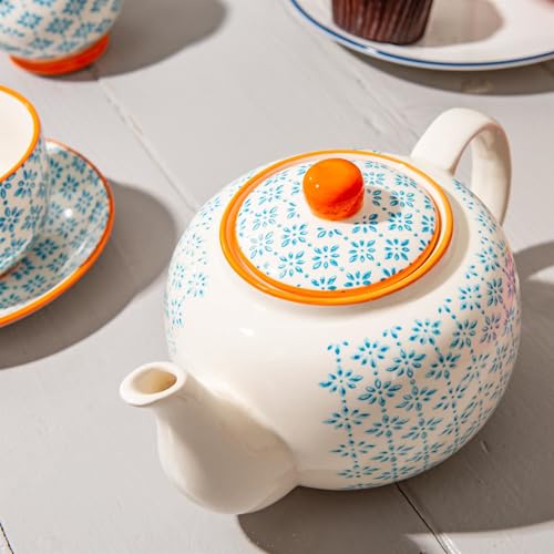 Nicola Spring Hand-Printed Teapot - 820ml - Traditional Decorative Blue Floral Pattern Porcelain Tea Pot with Orange Lid Tableware Large Teapot for Tea, Milk