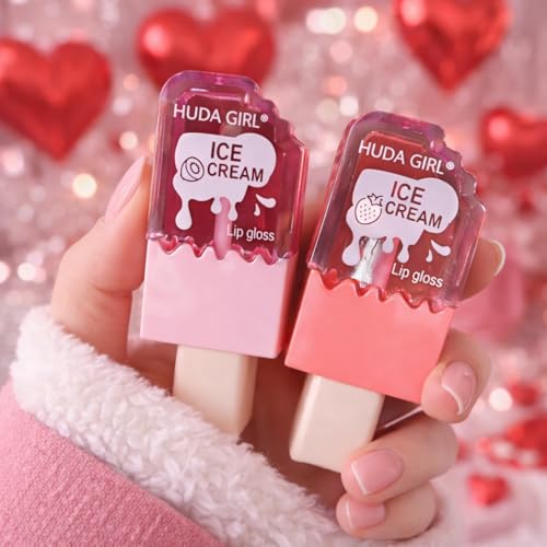 HUDA GIRL 2pc Ice Cream Shape Lip Gloss Set – Lightweight, Non-Sticky, Shimmery Effect – Long Lasting Liquid Glitter Lip Tint – Waterproof Lip Gloss for women