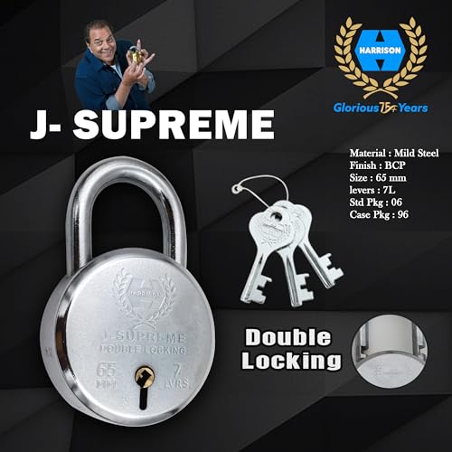 Image of Harrison Padlocks Free Long Shackle Padlock 65Mm 0949 With 3 Round Padlock 60Mm J - Supreme - 0672 Mild Steel Chrome Plated for Door, Shutter, Godown