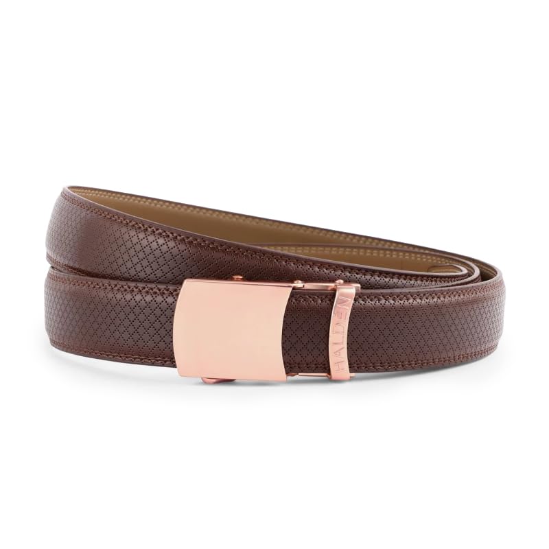 Image of HALDEN THEO Brown Belt For Men Leather Original (Adjustable Fits Up to 44 Inch Waist) Ratchet Strap with Classic Buckle & Magnetic Auto-lock