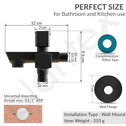 Image of Plantex Two Way Tap for Washing Machine /Quarter Turn 2 in 1 Bib Cock /Wash Basin tap with Teflon Tape and Wall Flange /2 Way Bathroom Tap with Brass Spindle - (Black)