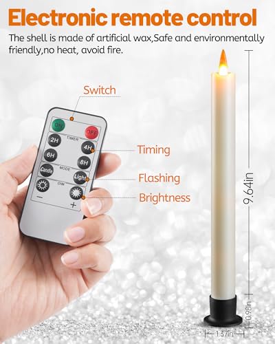 Da by 6 Flameless Window Candles with Remote Controller & Timer, LED Cone Stick Candle, Free 6 Black Bases, 9.6 Inch Battery Powered Christmas Candles for Home, Party, Holidays, Christmas Decoration