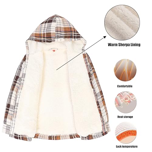 Image of ThCreasa Girls Sherpa Lined Plaid Button Hooded Jacket | Fully Interior Lined, Button Up, Flannel Outer, Family Photo Ready, School To Holiday Events, Fall Winter Shacket With Hood