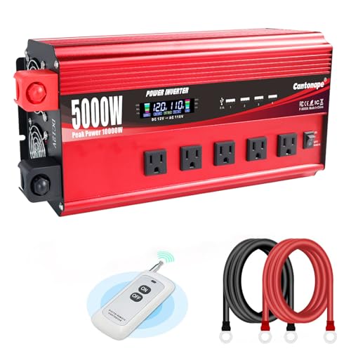 Cantonape 5000W Power Inverter 12V to 110V/120V DC to AC with LCD Display Remote Controller 5 x AC Outlets and 4 x 3.1A USB Car Adapter for Car Truck Boat RV Solar System