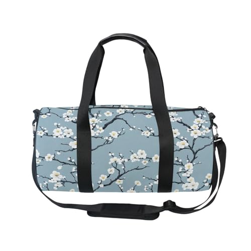 Chinoiserie White Flower Sports Duffel Bag Durable Full Print Barrel Gym Bag with Multiple Pockets, Adjustable Shoulder Strap Ideal for Sports Gym Training Travel and Outdoor Use2