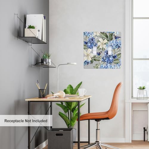 Pznen WP-DOUBLETOGGLE-DKD1046 Blue Floral 2-Gang Toggle Wall Plate Outlet Plug Covers Spring Plant Flowers Hydrangea Hibiscus Iris Bird Botanical Leaves Blossom Light Switch Cover thumb #4