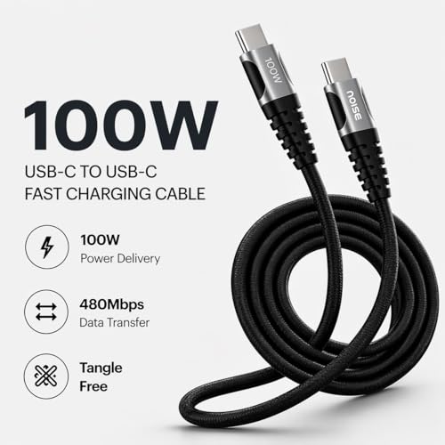Image of Noise 100W Fast Charging USB C to USB C Cable | 50x More Durable | 1M / 3.3Ft | 5A PD charge | 480 Mbps Transfer Speed | Braided Cable For iPhones, Android, Laptops, MacBooks, Tablets (Black)