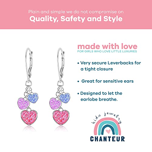 Kids Hoop Earrings, Heart Earrings for Girls, Hypoallergenic Jewelry with 925 Silver Leverbacks in White or Yellow Gold Tone, Earrings with 3 Mini Hearts & Crystals, Small Earring with Hoops for Kids2