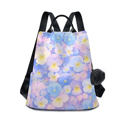 KLL Light Blue and Pink Pansies Flowers Fashion college backpacks lightweight lightweight backpack for women for Travel, Work, Everyday with Pom-pom keychain