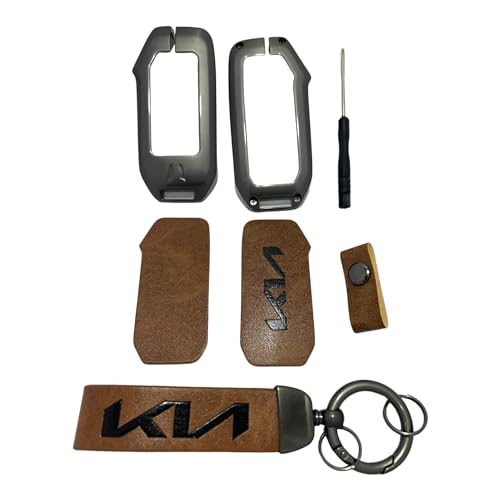 Image of Zinc Metal Alloy Leather Car Key Cover & Case Brown with Keychain & Holder Compatible for KIA Seltos, Sonet, Carens (4 Button Push Smart Key)
