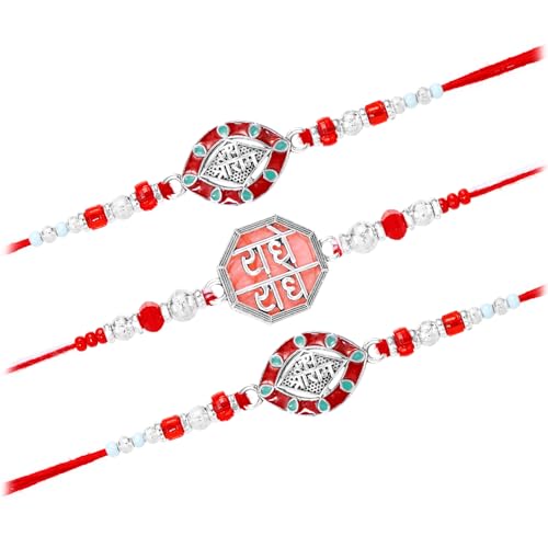 Image of Peora Rakhshabandhan Thread Rakhi for Brother Bhaiya | Crystals & Kundan Studded | Combo, Set of 3 | Rakhi Hamper with Roli Chawal & Greeting Card