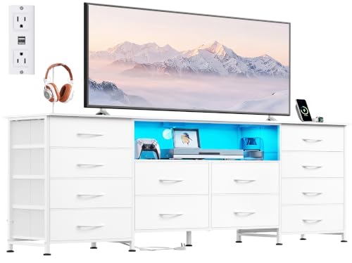 Image of WLIVE LED Dresser TV Stand for 75 Inch TV, 12 Drawers, White | Fits TVs up to 75 inch, 12 fabric drawers, LED chest of drawers, Built-in power outlet, Living room or bedroom