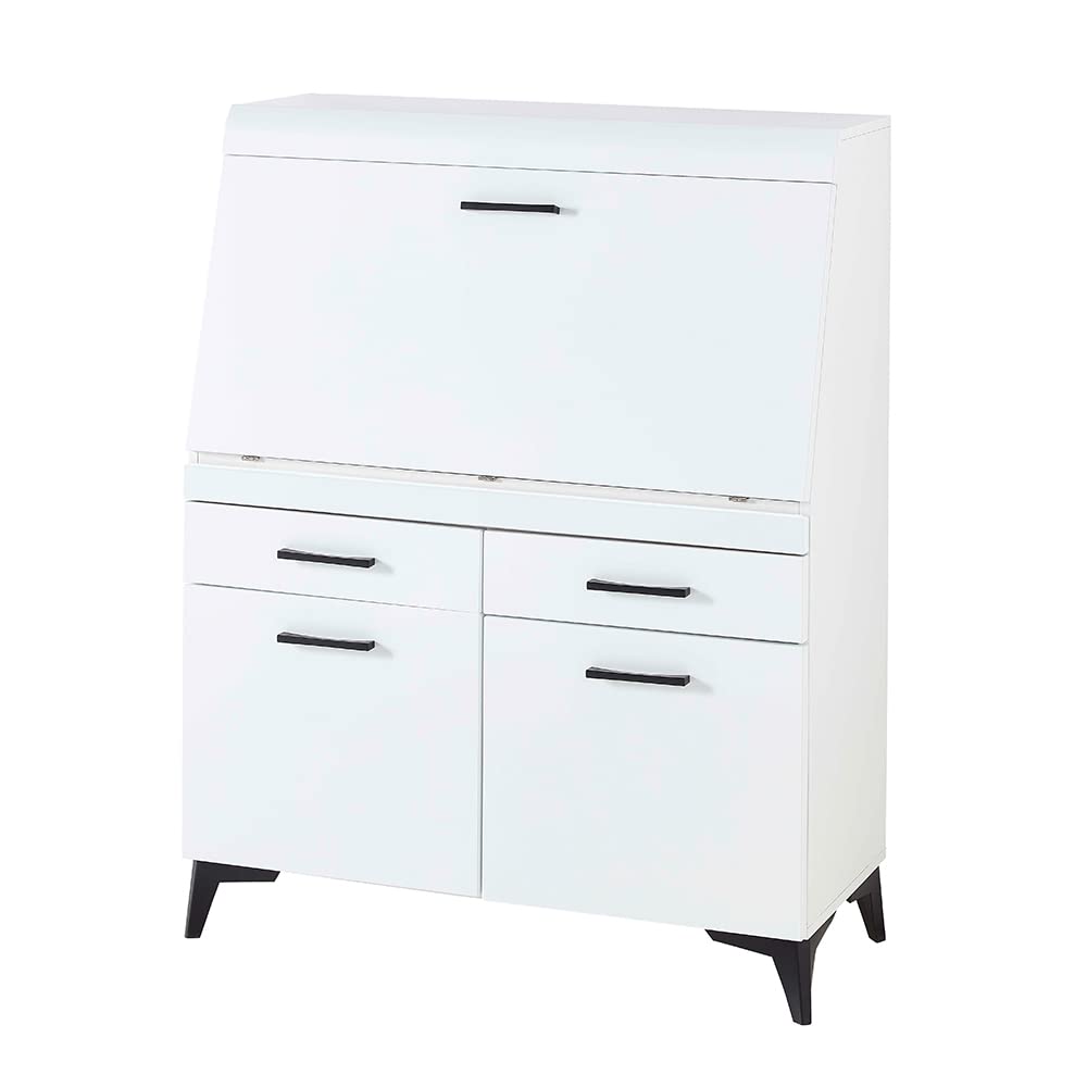 Lomadox Sekretär in weiß, Klapptür mit Türdämpfung, Drehtüren mit Softclose-Funktion, Griffe in schwarz, B/H/T ca. 98/124/42 cm