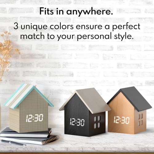 Driini House-Shaped Alarm Clock With Temperature Display (Stripe Wood) – Modern Aesthetic With Cute Cube Frame And White Led Dimmer - Perfect Small Digital Clock For Living Room, Bedside Table Or Desk #TOP6