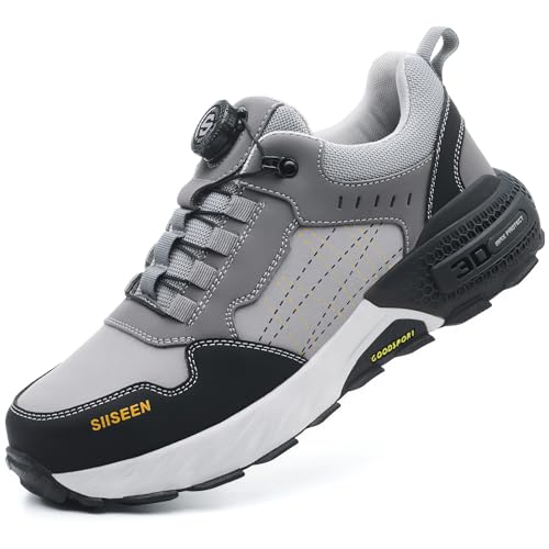 Stillithou Safety Trainers Men Women, Lightweight Comfortable Safety Shoes with Swivel Buckle Shoelaces, Wide Steel Toe Cap Trainers Anti-Smashing Non Slip for Warehouses Industrial Work, Grey