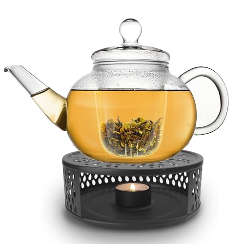 Creano Teekanne aus Glas 1,2l + schwarzes Stövchen aus Edelstahl - Glasteekanne mit Glas-Sieb und Deckel - ideal zur Zubereitung von losen Tees - 100% tropffrei