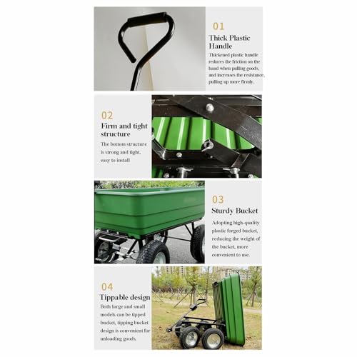 Carretilla de Jardín con 4 Ruedas Neumáticas, Estructura de Acero Resistente, Bandeja de Plástico, Mango Ergonómico para Transportar Herramientas, Plantas y Hojas miniatura 2