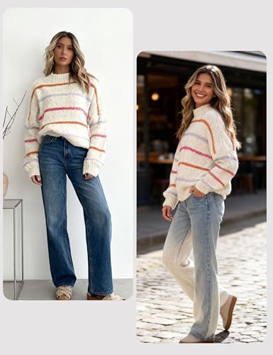 Image of QIBABU Womens Striped Sweaters Casual Lantern Sleeve Color Block Knit Pullover Sweater Tops