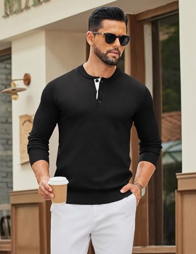 COOFANDY Men's Henley Sweater Long Sleeve Textured Pullover Sweaters Casual Button Crewneck Knit Sweater2